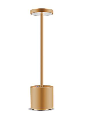 Luminária de mesa moderna dourada com base cilíndrica e cabeça circular minimalista