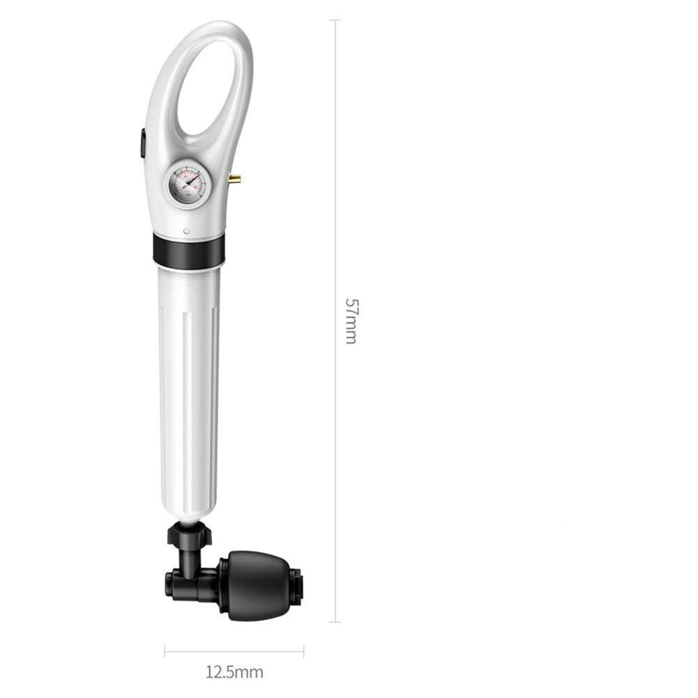Bomba de ar portátil branca com manômetro e medida de 57mm altura por 12,5mm largura