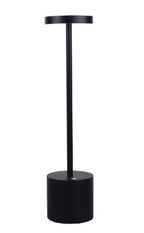 Luminária de mesa preta com base cilíndrica e haste vertical cilíndrica fina