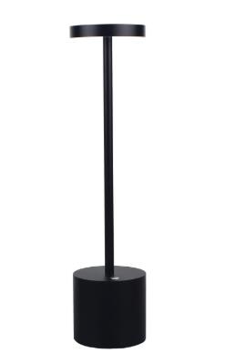 Luminária de mesa preta com base cilíndrica e haste vertical cilíndrica fina