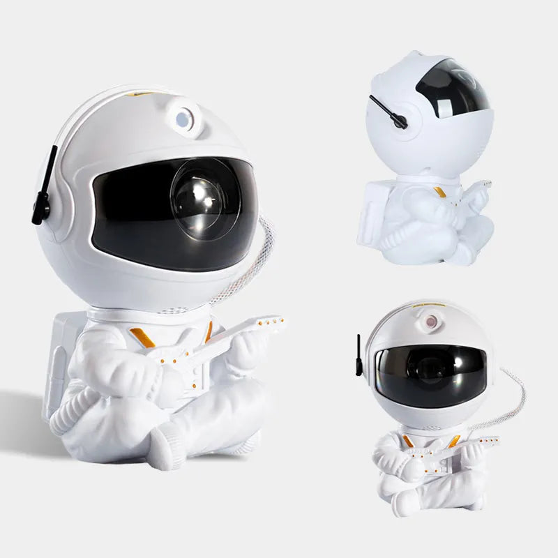 Boneco astronauta branco tocando guitarra, design futurista, detalhes em preto e laranja