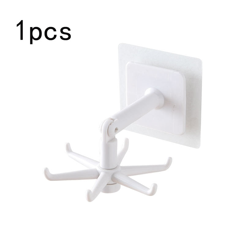 Suporte giratório branco com seis ganchos e base adesiva para pendurar itens