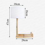 Abajur moderno com base de madeira e cúpula branca medindo 47x28x18 cm