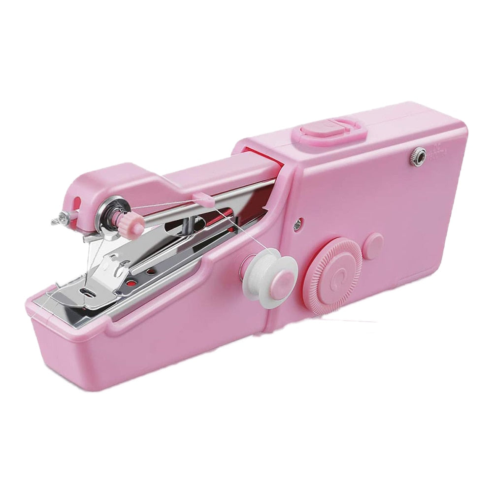 Máquina de costura portátil manual rosa com bobina de linha branca