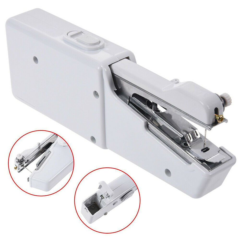 Mini máquina de costura portátil branca com detalhes metálicos e compartimento para pilhas