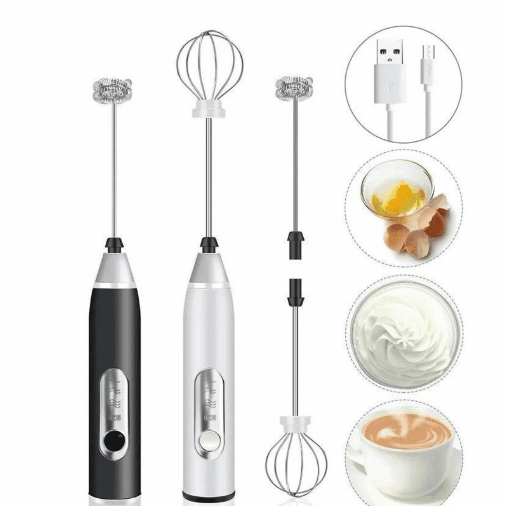 Mixer elétrico recarregável preto e branco com batedores, cabo USB e imagens de ovos, chantilly e café
