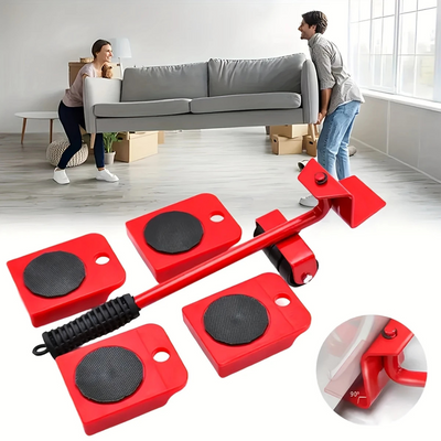 Casal movendo sofá em sala iluminada e kit de mover e levantar móveis vermelho com 5 peças