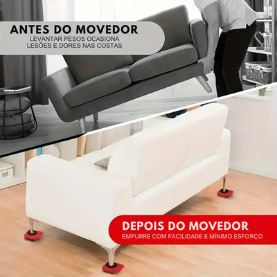 Comparação antes e depois do movedor de móveis, facilitando empurrar sofá com esforço mínimo