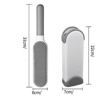 Escova removedora de pelos com alça cinza e suporte branco, medidas 31x6cm e 22x7cm