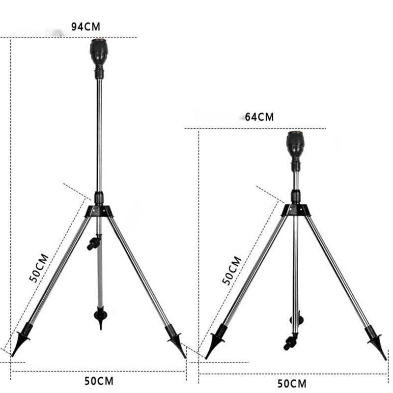 Suportes de tripé em metal com medidas destacadas, ideais para iluminação ou câmeras