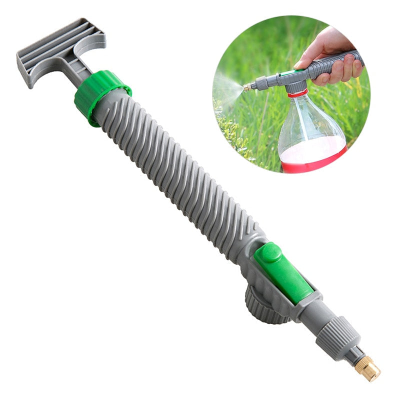 Pulverizador de jardim cinza com alça verde para garrafa, aspersor de água portátil para plantas
