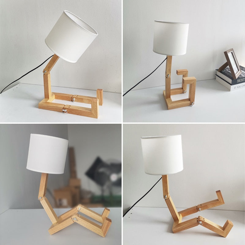 Luminária de mesa ajustável com base de madeira e cúpula branca em diferentes posições