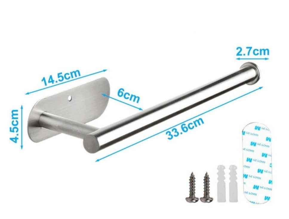Suporte de aço inox para papel higiênico com medidas detalhadas e acessórios de instalação