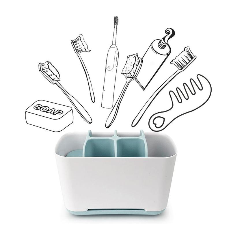 Suporte branco e azul para escovas de dente com compartimentos, organizado para itens de higiene bucal