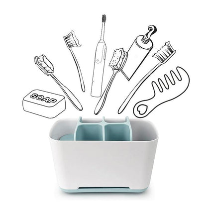 Suporte branco e azul para escovas de dente com compartimentos, organizado para itens de higiene bucal