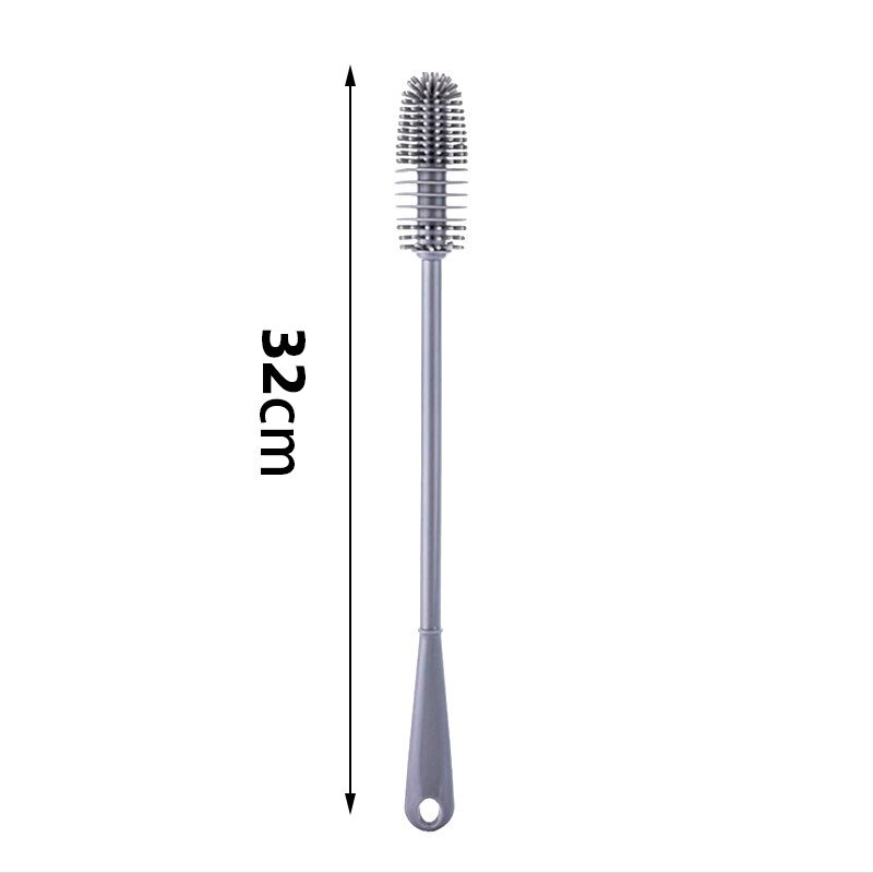 Escova de limpeza cinza com cerdas de silicone e cabo longo de 32cm para utensílios domésticos