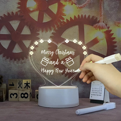 Luminária LED em forma de coração com mensagem de Natal e Ano Novo escrita manualmente