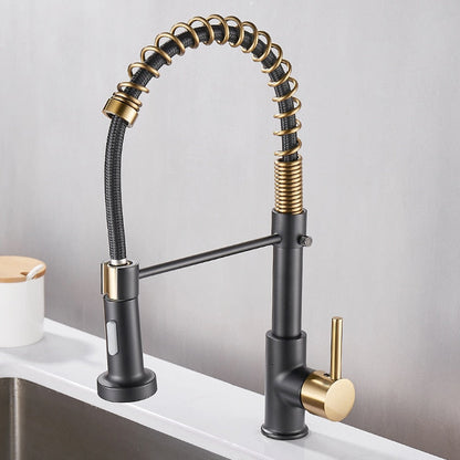 Torneira de cozinha moderna preta com detalhes dourados e design flexível em aço inox