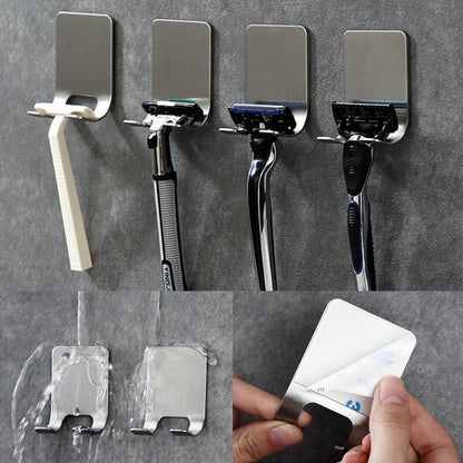 Suportes inox para giletes em parede cinza, resistentes à água, com adesivo forte e fácil aplicação