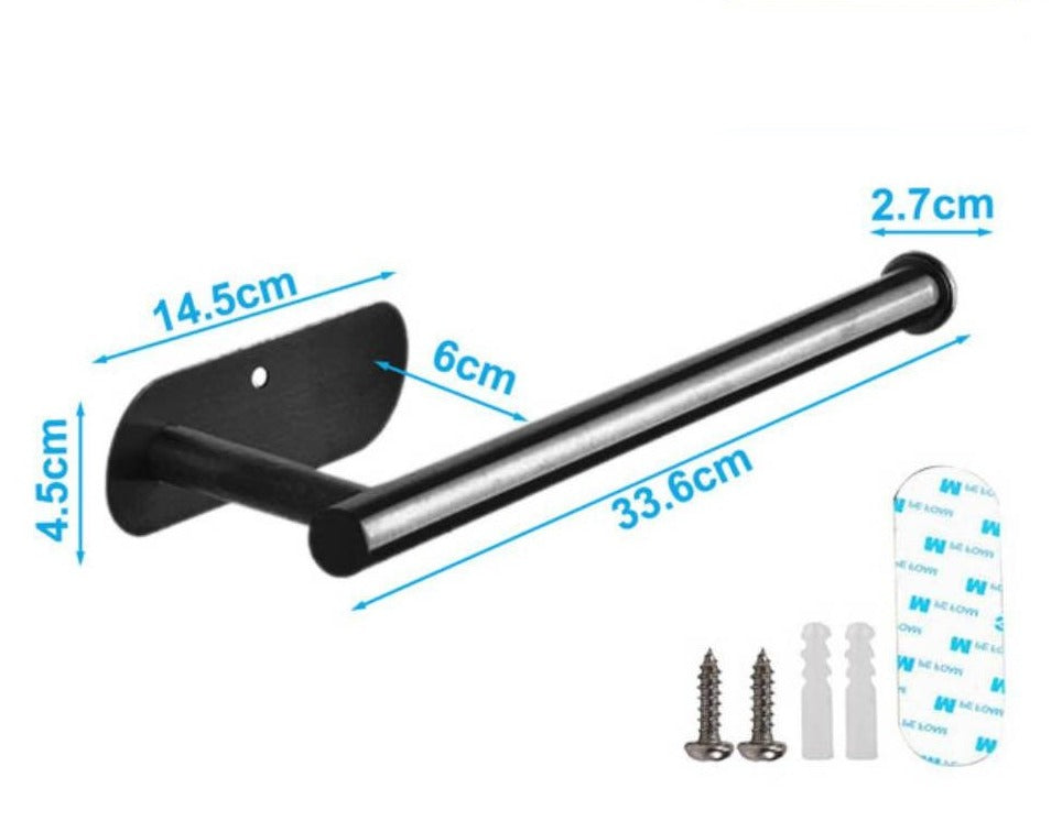 Suporte para papel higiênico em metal preto com medidas detalhadas e acessórios de instalação