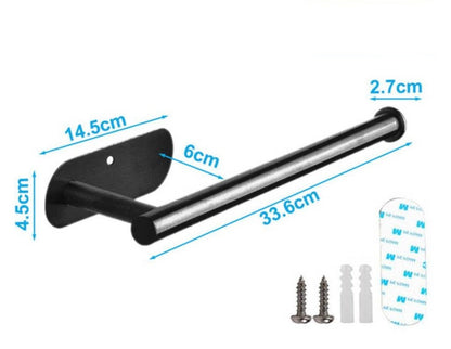 Suporte para papel higiênico em metal preto com medidas detalhadas e acessórios de instalação