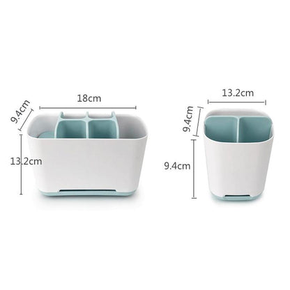 Organizador branco e azul claro com divisórias internas para utensílios, com medidas visíveis