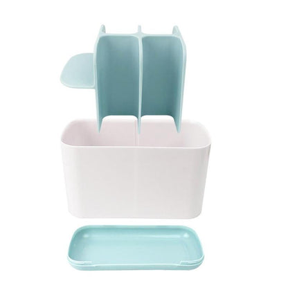 Organizador de plástico branco e azul com divisórias internas e bandeja removível, ideal para cozinha ou banheiro