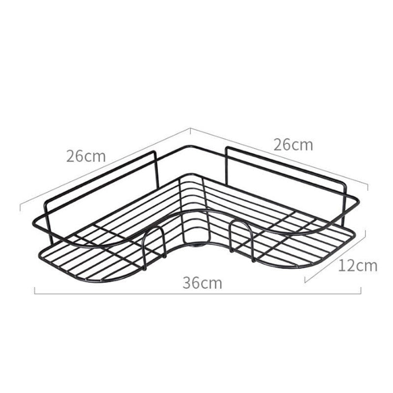 Suporte de canto em metal preto com dimensões 36x26x12 cm, ideal para organização