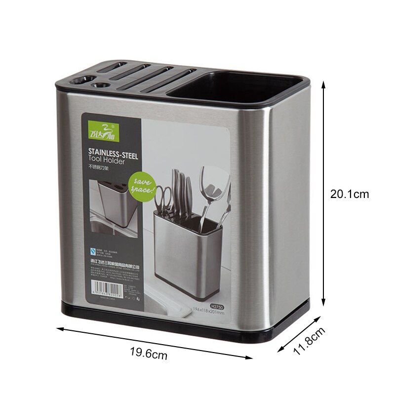Organizador de utensílios em aço inox com compartimentos para facas e talheres, economia de espaço