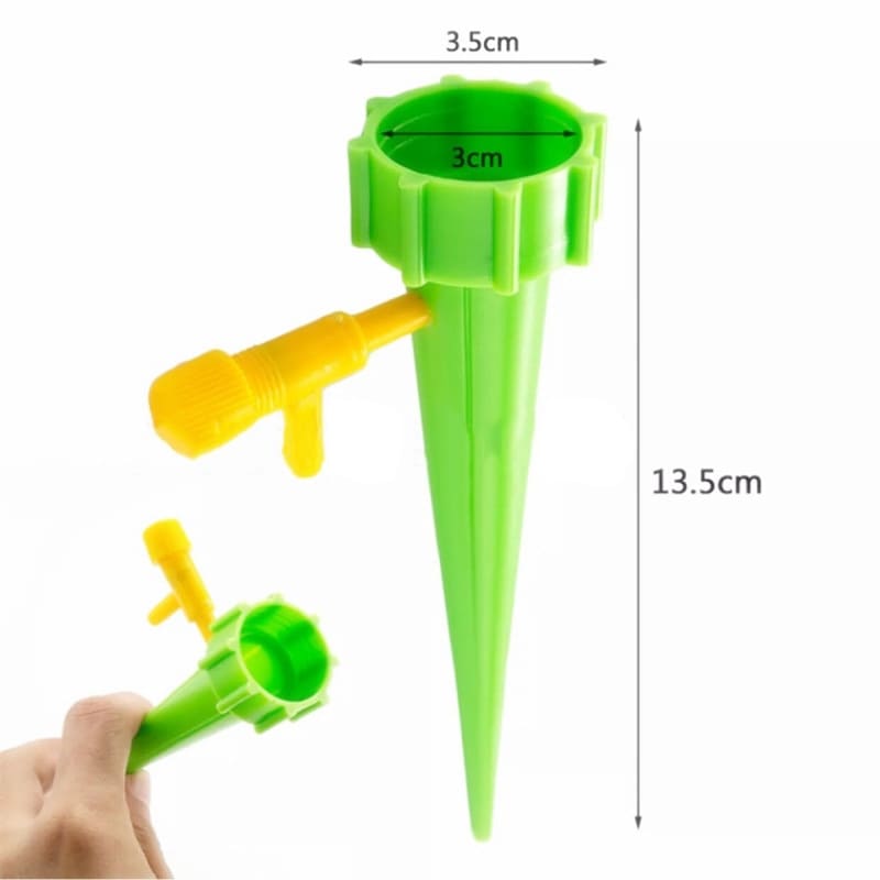 Irrigador automático verde e amarelo para plantas com medidas em cm destacadas