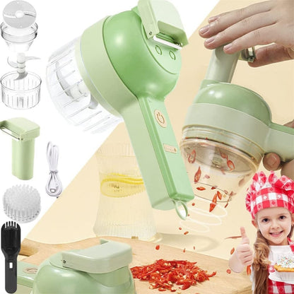Triturador elétrico verde com acessórios para picar pimenta e alimentos na cozinha com criança fazendo joinha