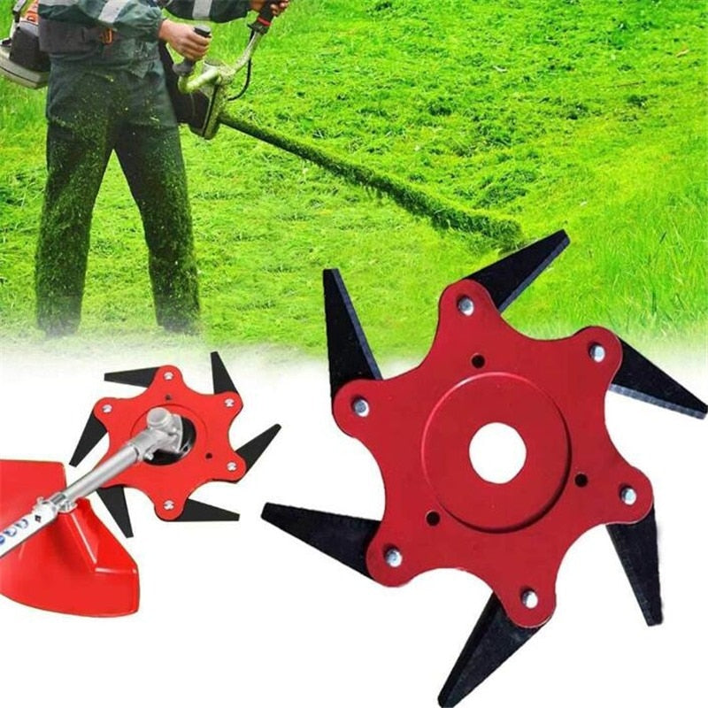 Aparelho de roçadeira com lâminas de corte afiadas e pessoa usando roçadeira em gramado verde