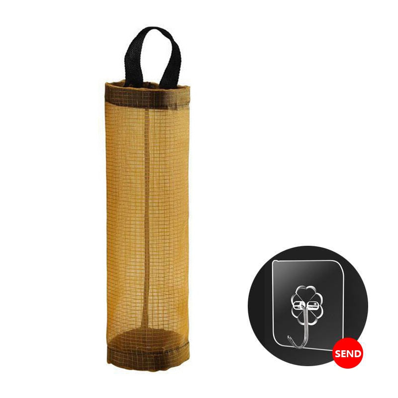 Suporte organizador amarelo com alça preta e gancho adesivo transparente para pendurar