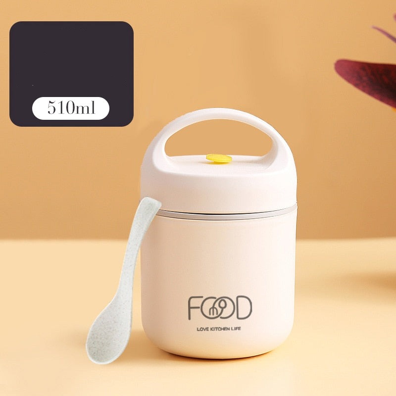Pote térmico branco para alimentos com colher, capacidade de 510ml, fundo bege