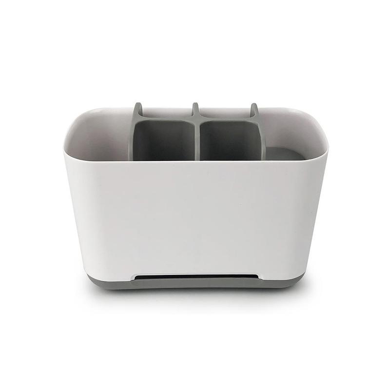 Organizador de utensílios de cozinha em plástico branco e cinza com divisórias