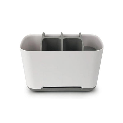 Organizador de utensílios de cozinha em plástico branco e cinza com divisórias