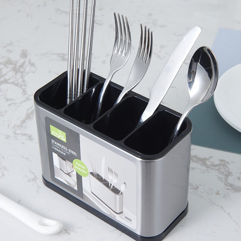 Suporte organizador inox para talheres com divisórias para garfos, faca, colher e hashis