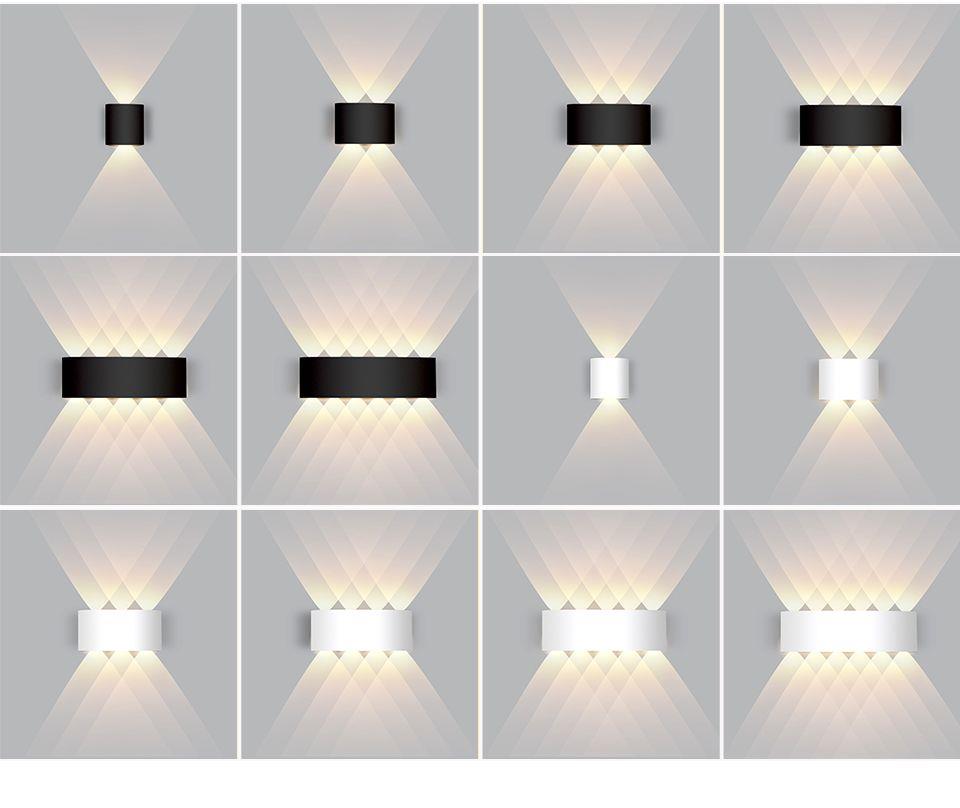 Conjunto de 12 luminárias de parede retangulares e quadradas, pretas e brancas, com iluminação decorativa em padrões variados