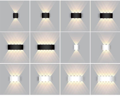 Conjunto de 12 luminárias de parede retangulares e quadradas, pretas e brancas, com iluminação decorativa em padrões variados