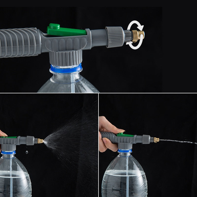 Pulverizador manual acoplado a garrafa plástica, aplicando jato de água em spray e jato direto