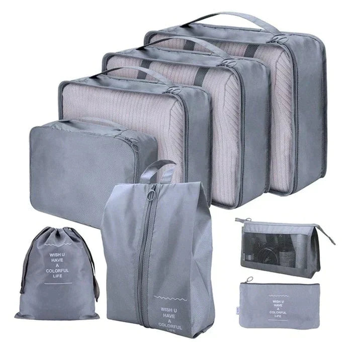 Conjunto cinza de bolsas organizadoras para viagem com zíper e frase Wish U Have A Colorful Life