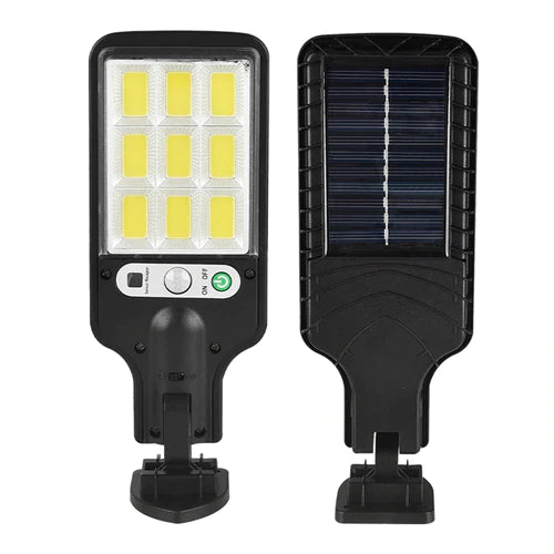 Luminária solar LED preta com 9 LEDs e painel solar, com interruptor liga/desliga frontal