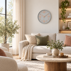 Relógio de Parede 30cm Aurum Silencioso Cinza com Rosé em sala ampla