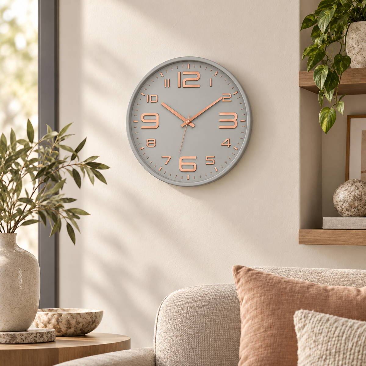 Relógio de Parede 30cm Aurum Silencioso Cinza com Rosé em sala próxima