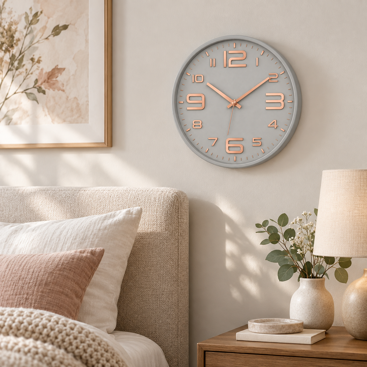 Relógio de Parede 30cm Aurum Silencioso Cinza com Rosé em quarto próximo