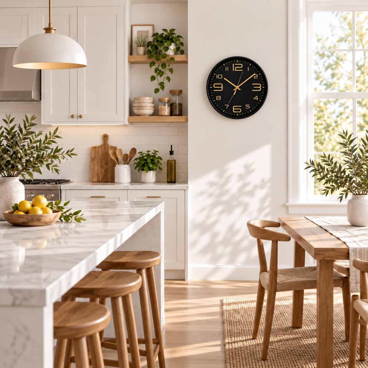 Relógio Aurum Preto com Dourado em cozinha clara, visto de longe