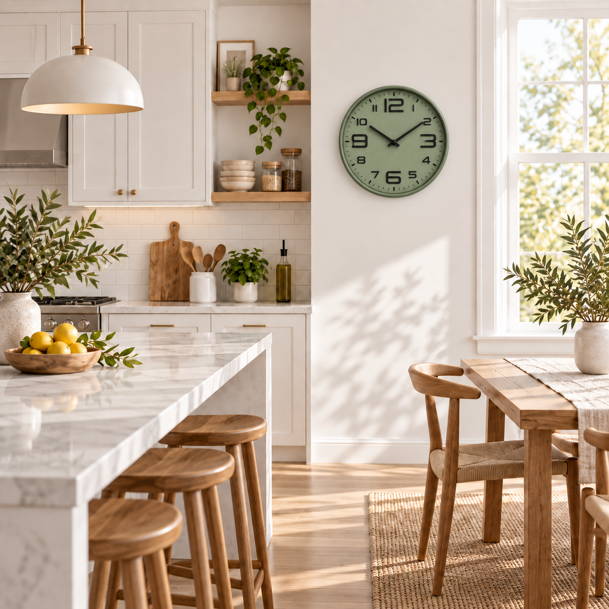 Relógio Aurum Verde com Preto em cozinha clara, visto de longe