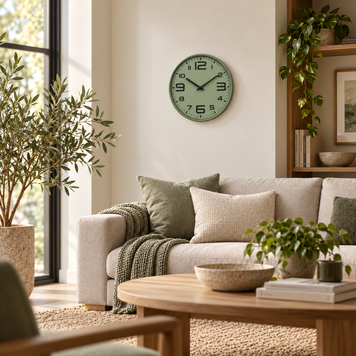 Relógio de Parede 30cm Aurum Silencioso Verde com Preto em sala ampla