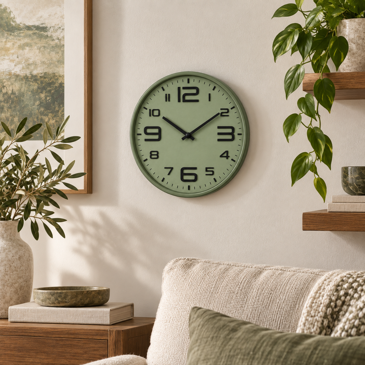 Relógio de Parede 30cm Aurum Silencioso Verde com Preto em sala próxima