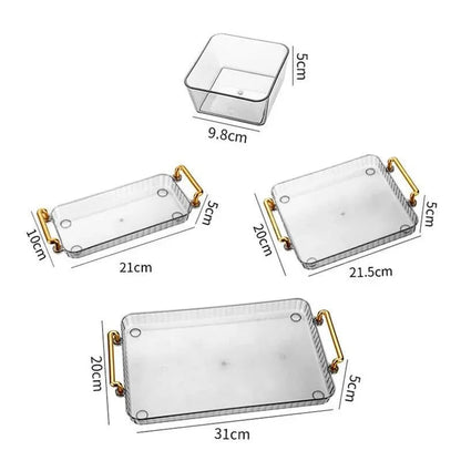 Conjunto de bandejas transparentes com alças douradas e potes organizadores quadrados com medidas detalhadas